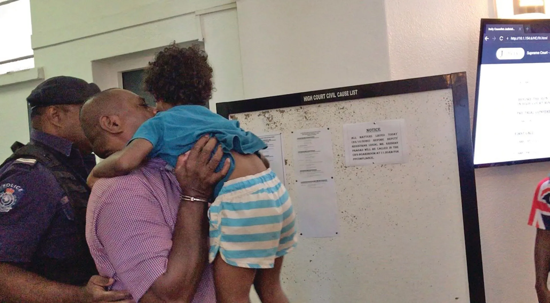 Waisake Tulavu (also inset) with his daughter outside the High Court in Suva on October 23, 2020, after his 16-year sentencing for rape.
