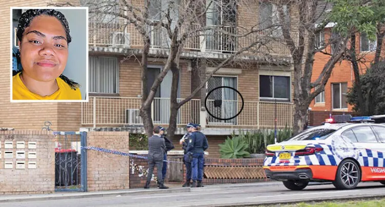 A photograph of police outside of an apartment building in Sydney's west, with Nunia's apartment marked by a circle. 