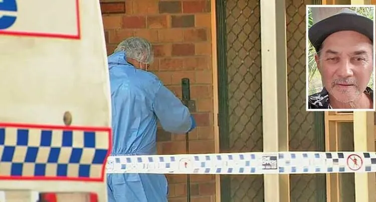 Police inspect the house where the alleged murder took place in Brisbane, Australia. Inset- The late Frederick Thomas Stewart.