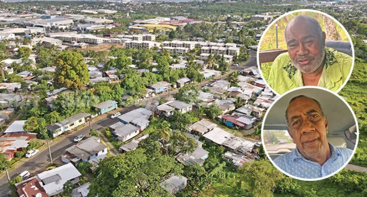 A bird's eye photograph of the Lagilagi Housing Project development in Jittu Estate, Suva. Headshots of Semiti Qalowasa and Isireli Naqau have been added to the image.