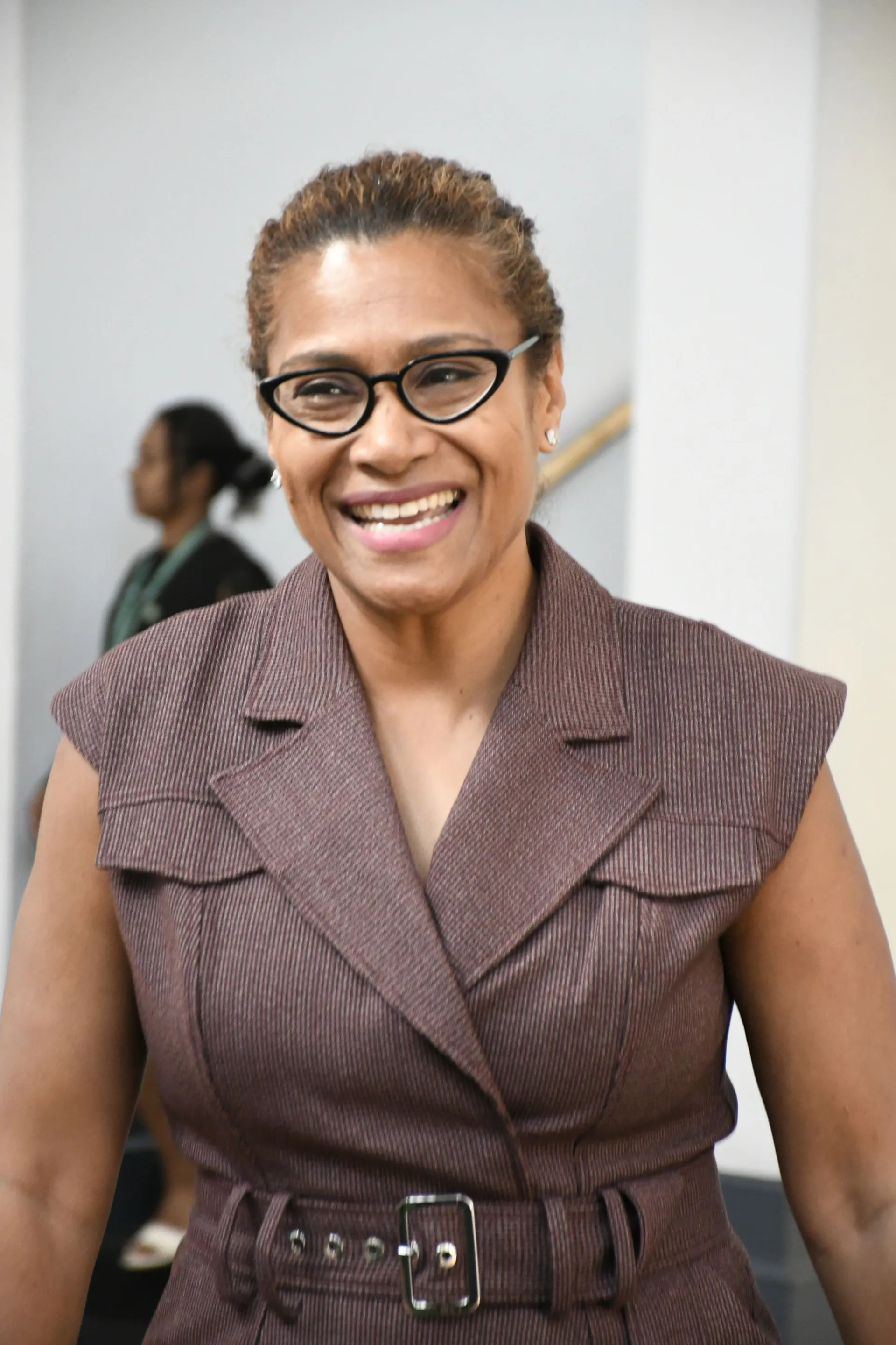 Minister for Information Lynda Tabuya outside Parliament yesterday. 