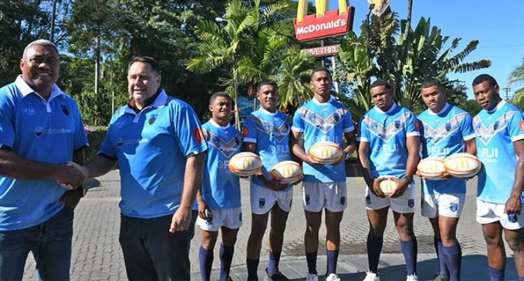 McDonald’s Fiji managing director Marc McElrath (second from left) with Kaiviti Silktails Club chairman and founder Petero Civoniceva with players outside McDonald’s Fiji head office in Nadi on June 27, 2025. 