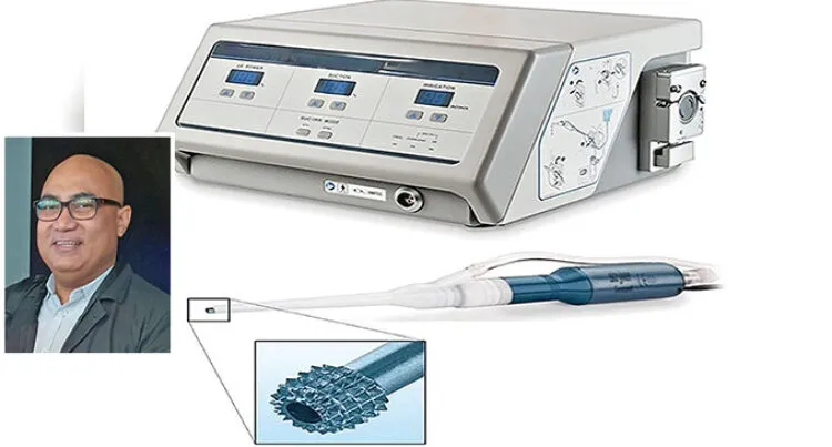 Image of the Neuro Ultrasonic Aspirator shown for illustration purposes only. It is not the exact representation of the Equipment exported by PSH. Beside the image is a headshot photograph of Alan Biribo, Neuro Surgeon at Pacific Specialist Healthcare Group of Hospitals.